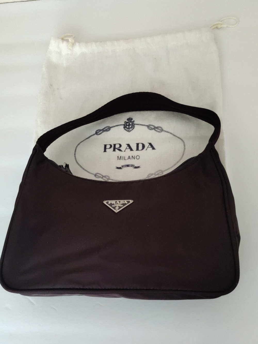 Authentic Prada Nylon Mini Shoulder Bag In Dark Burgundy with Triangle Logo